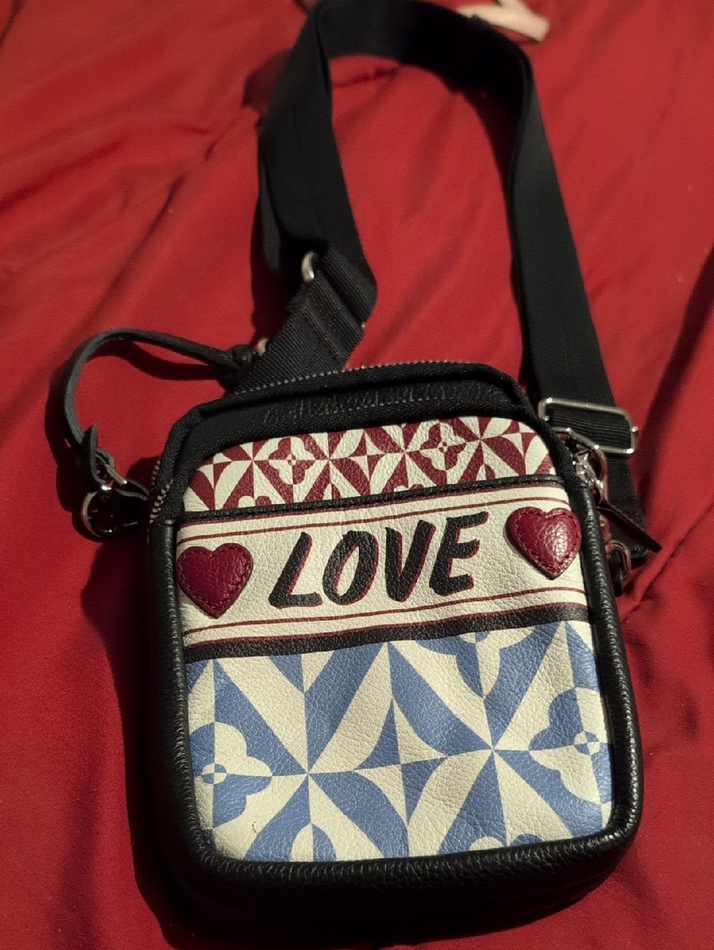 Brighton LOVE Pattern Crossbody Bag in Red, Blue and White